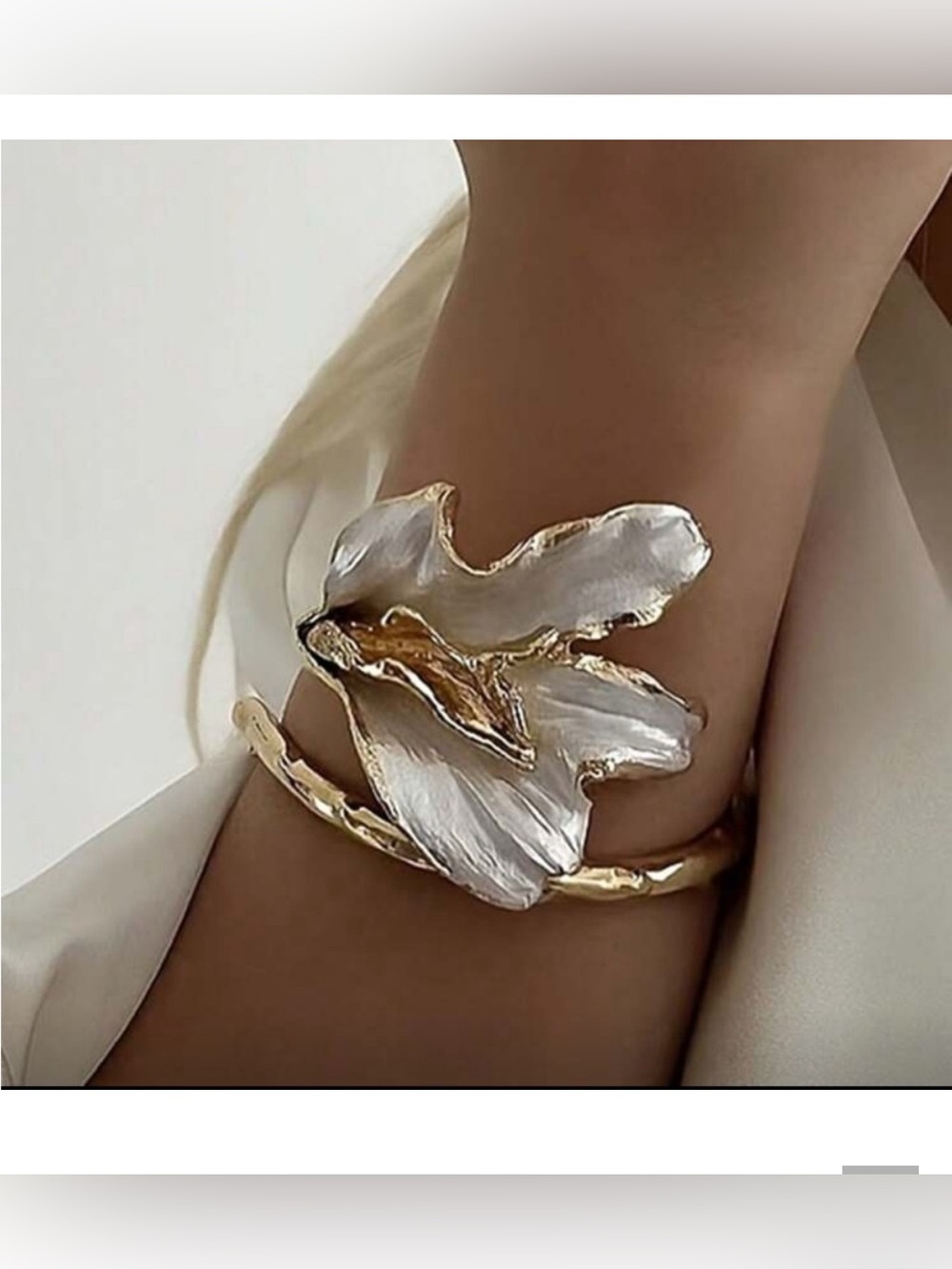 Gold Sculpted Floral Cuff Bracelet • Pearl Petal Statement • Chic Minimal Luxury - Picture 4 of 4